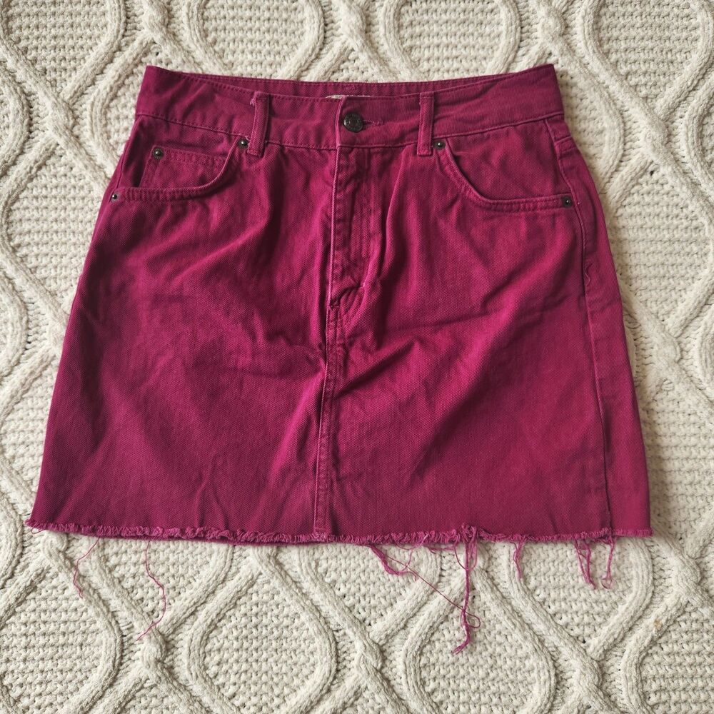Top Shop Moto 100% Cotton Dark Fuschia Pink Denim Mini Skirt Size 6